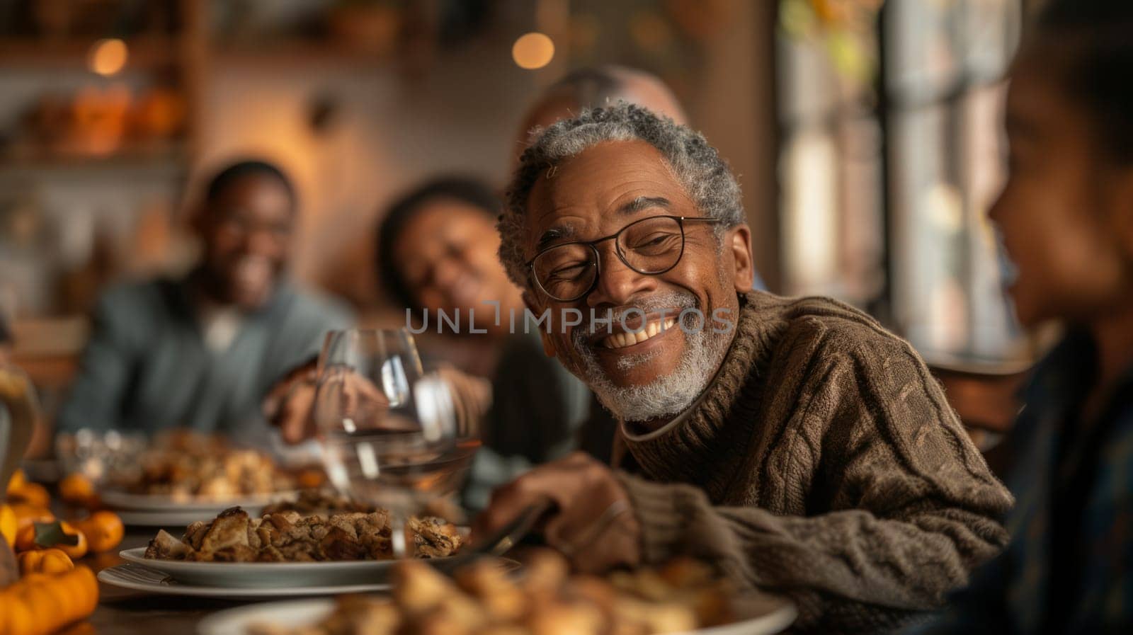 A multi-generational family gathers in the living room, shares stories, and laughs before a Thanksgiving meal.