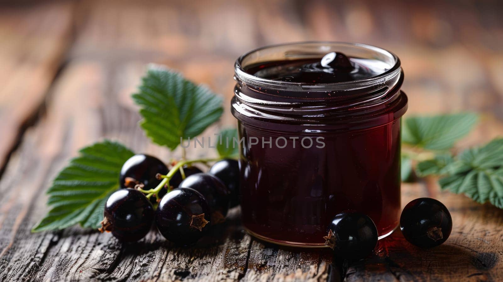 A jar of blackcurrant jam, next to which lie a few berries and blackcurrant leaves, highlighting its rich fruity flavor and dark color.