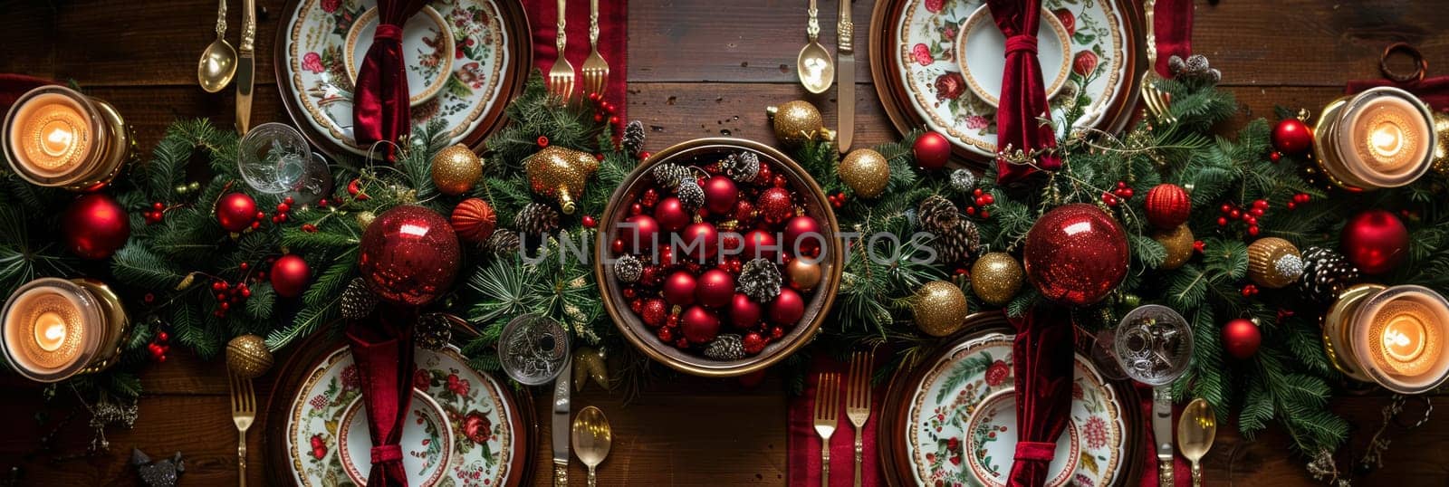 A perfectly set table for Christmas .top view