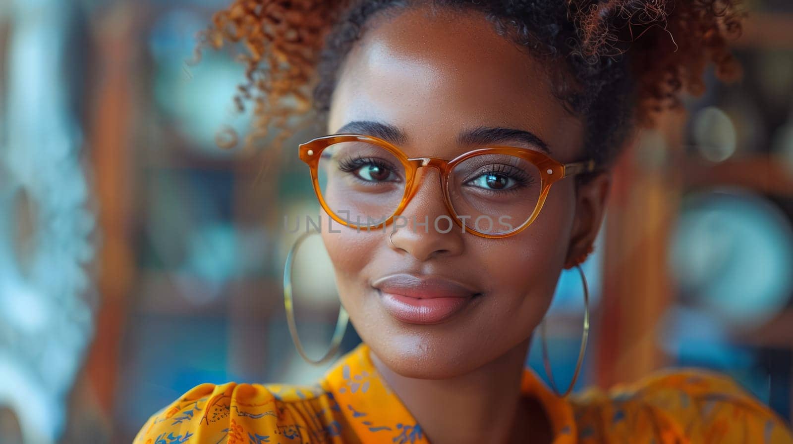 Portrait of a smiling young woman in glasses and bright dress on the background of shelves with dishes.
