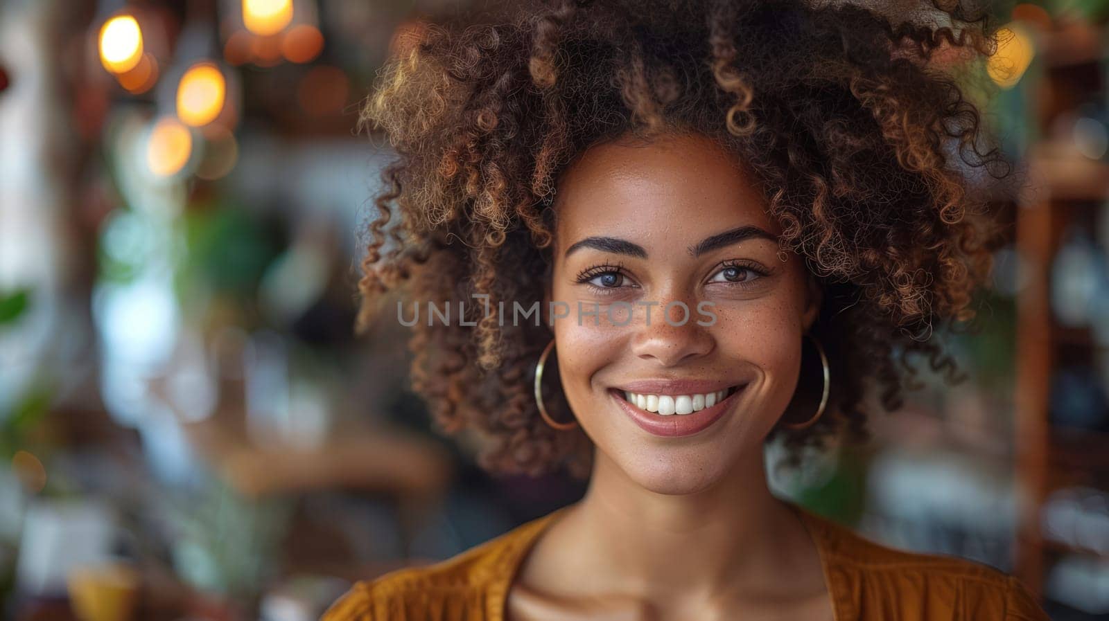 Portrait of a young smiling woman. Smiling student on the blurred background of a cafe