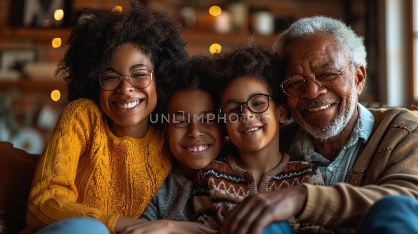 Portrait of a multi-generational African-American family sitting at home on a sofa in the living room and smiling at the camera. The family spends time at home together