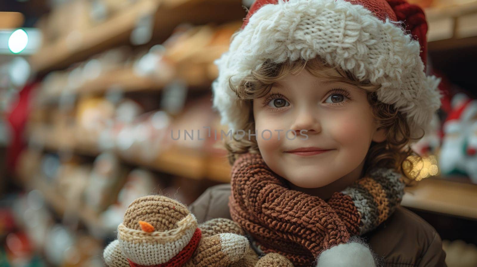 Happy child in Santa Claus hat holding soft toy in his hands against the background of shelves with toys in the store