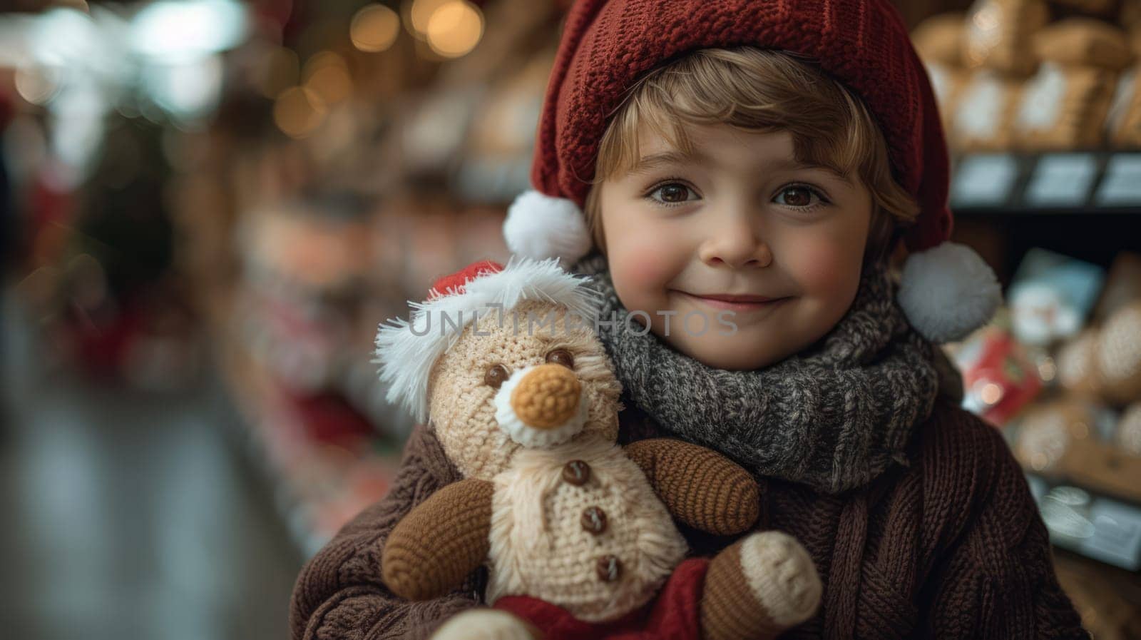 Happy kid in Santa hat holding stuffed toy in toy store
