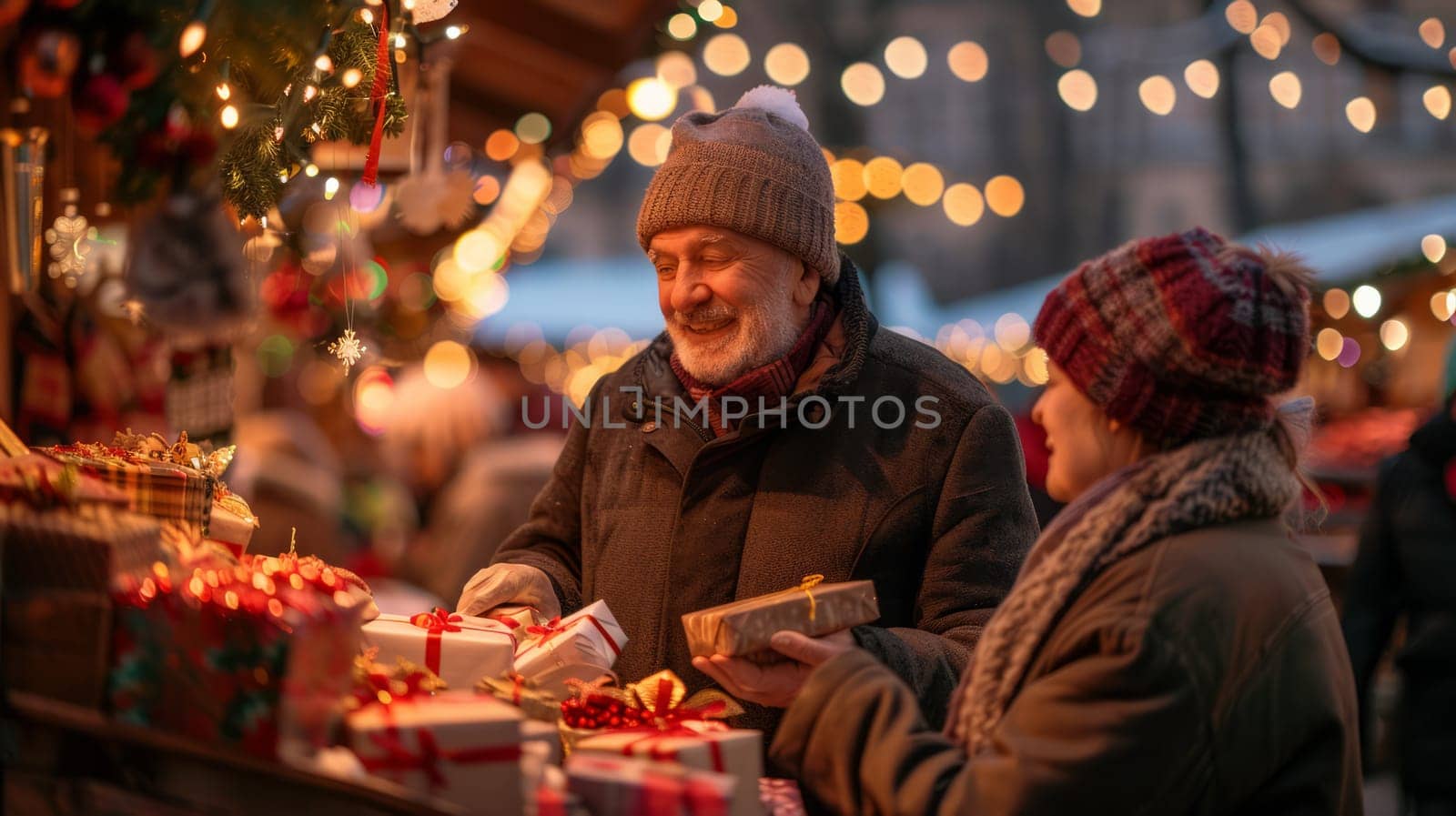 Elderly couple at Christmas market looking at and choosing a beautifully wrapped gift, with festive illuminations in the background