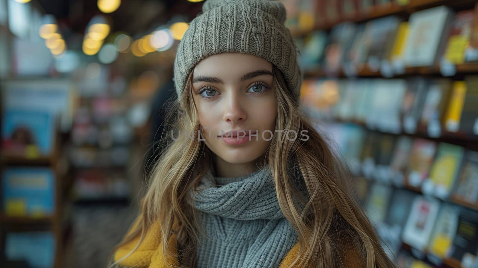 Attractive woman in scarf and hat standing in bookstore on blurred background of bookshelves