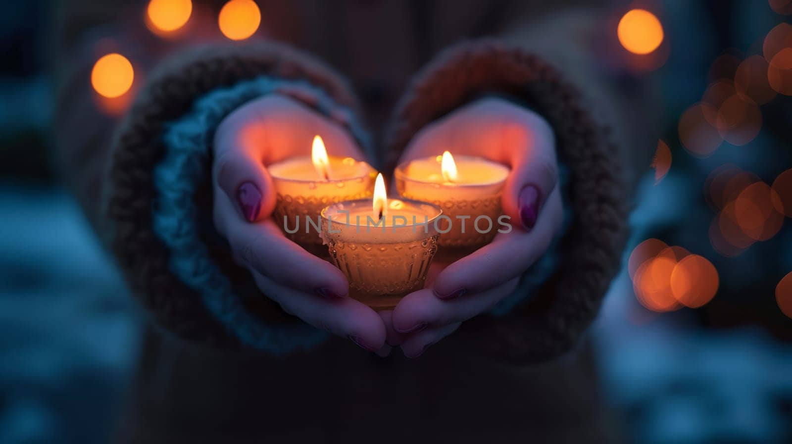hands holding three candles during a peaceful vigil against a background of soft radiance.