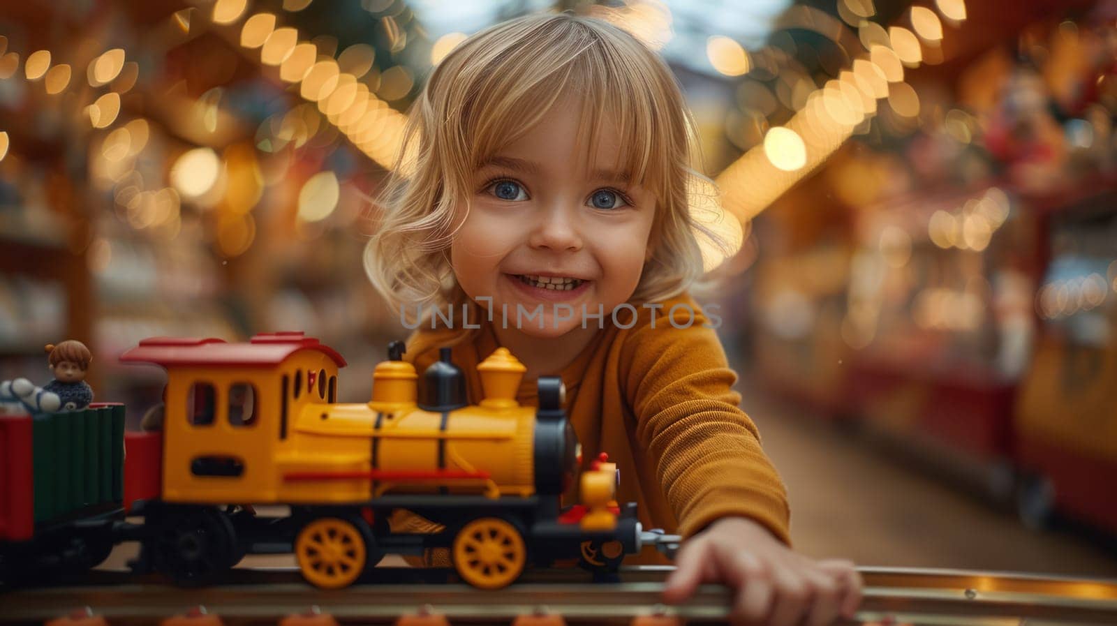Happy child holding toy train on floor in spacious shop decorated for Christmas
