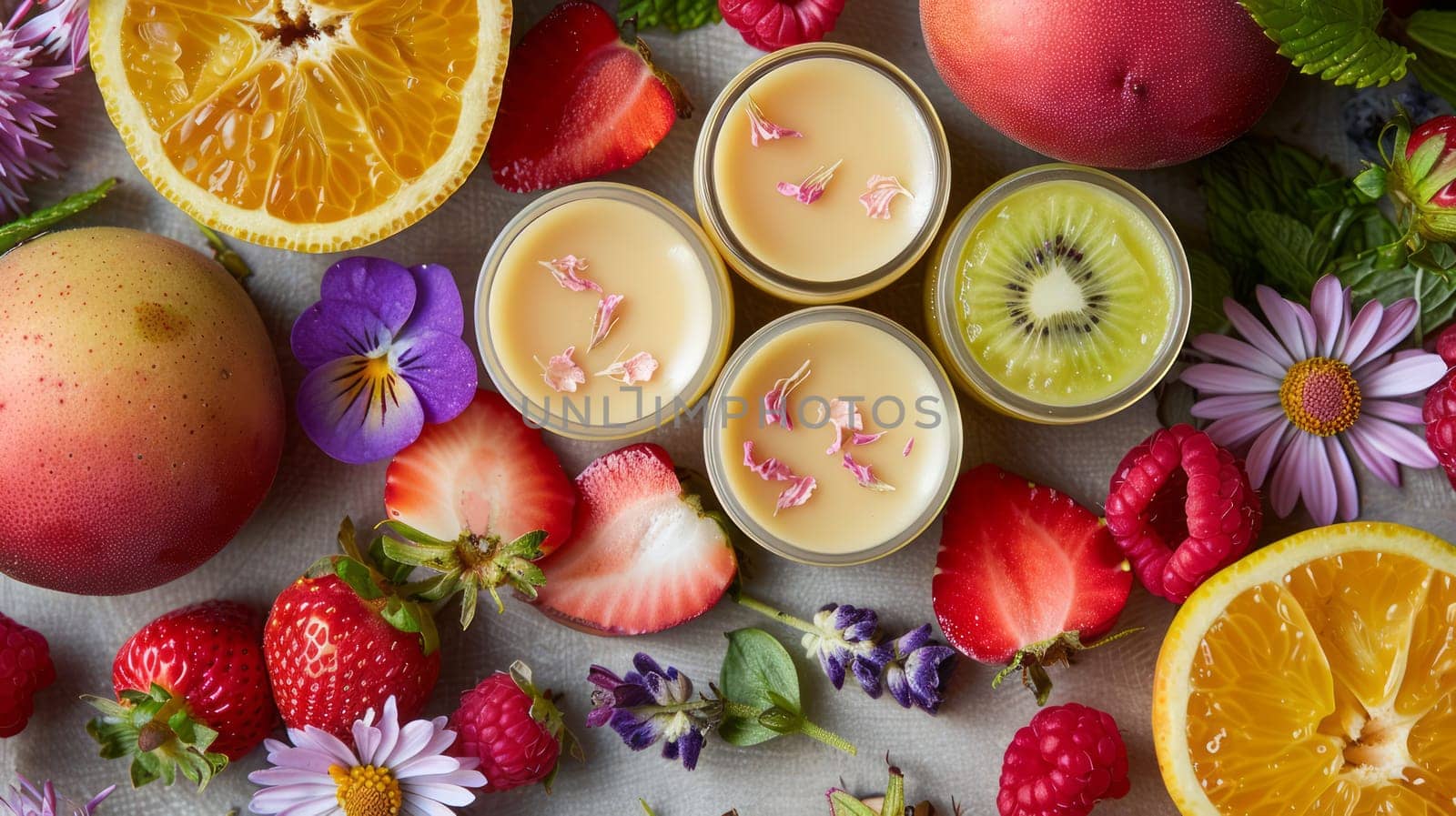 Handmade beeswax lip balms in a variety of flavors, decorated with fresh fruits and flowers.
