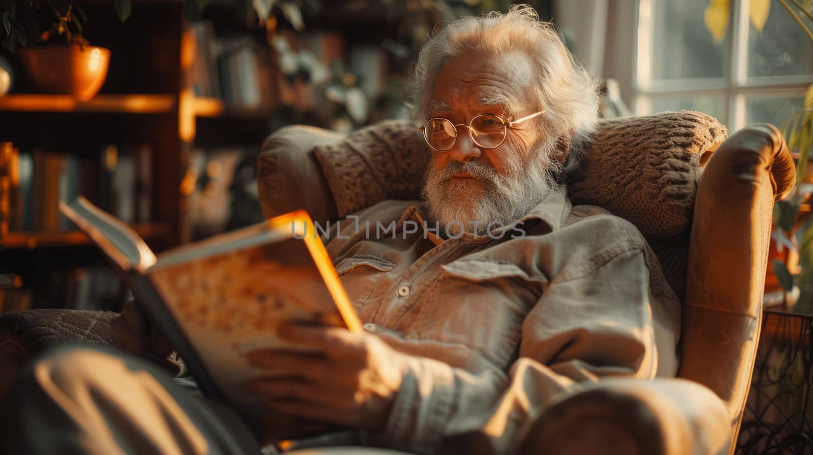 Elderly man resting in light armchair in large bright living room, smiling while reading book, soft lighting from window
