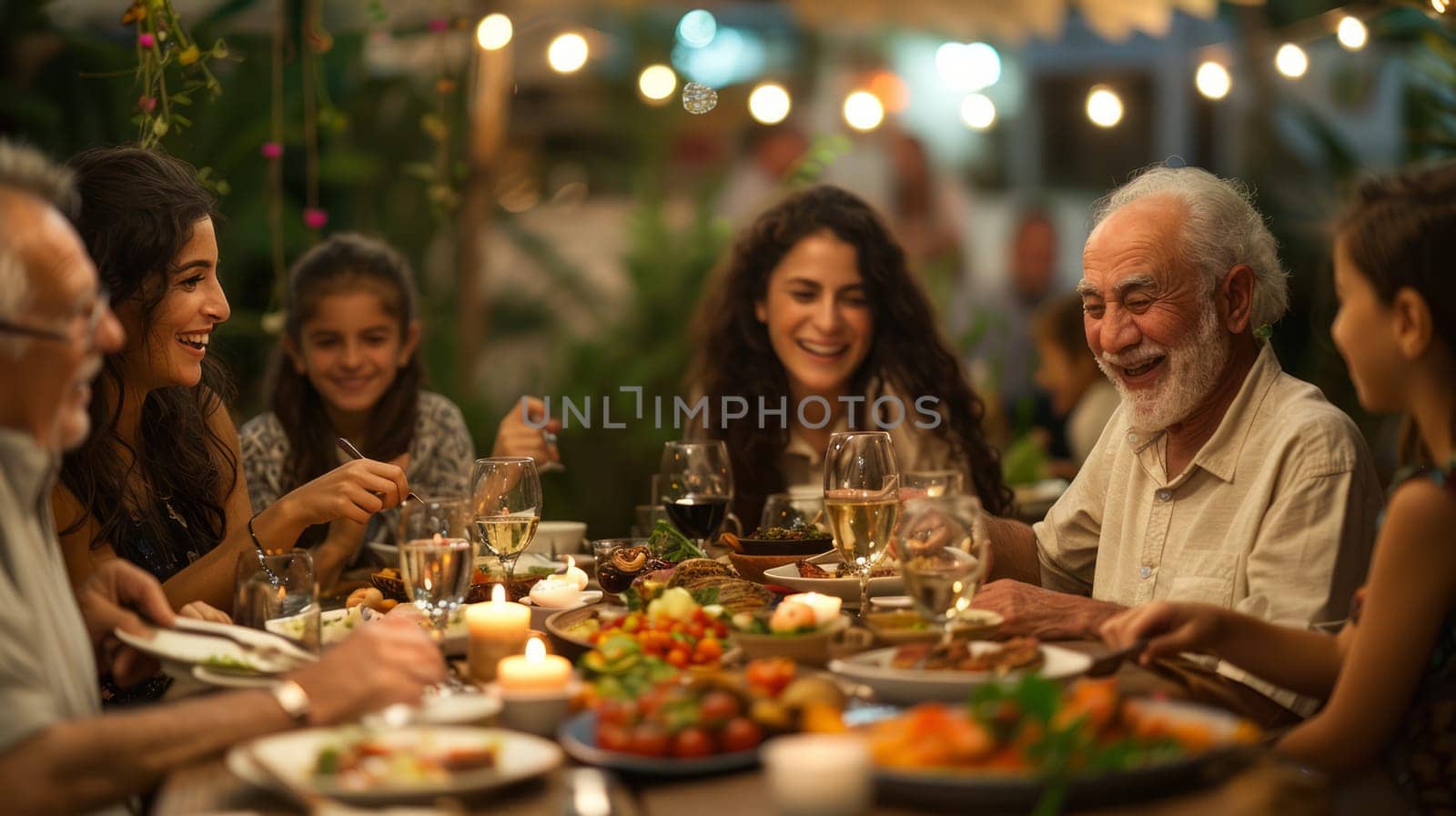 A multi-generational family enjoys a festive meal, the table is set with traditional dishes, everyone laughs and shares stories.