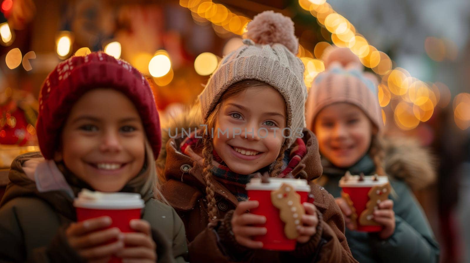 Cheerful little ones enjoy hot chocolate and cookies at the Christmas market, with holiday lights in the background.