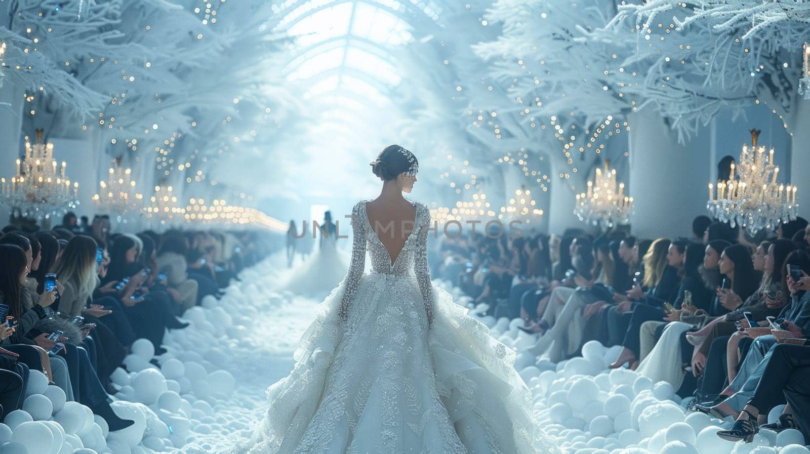 a snow-covered Glamorous Fashion Show Stage with models walking down the catwalk, snow-white decorations and soft lighting that highlight the sophistication and elegance of the haute couture event.