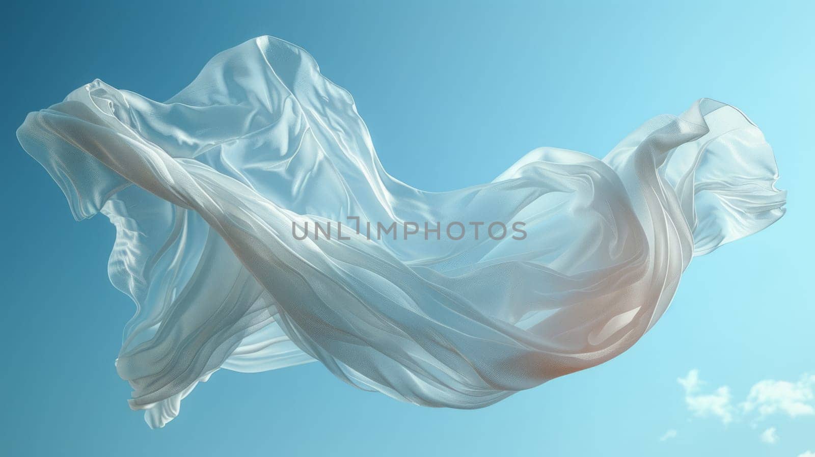 A light white fabric flutters in the wind against a blue sky.