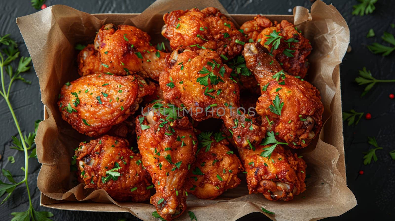 Cardboard box filled with crispy pieces of golden-brown fried chicken.