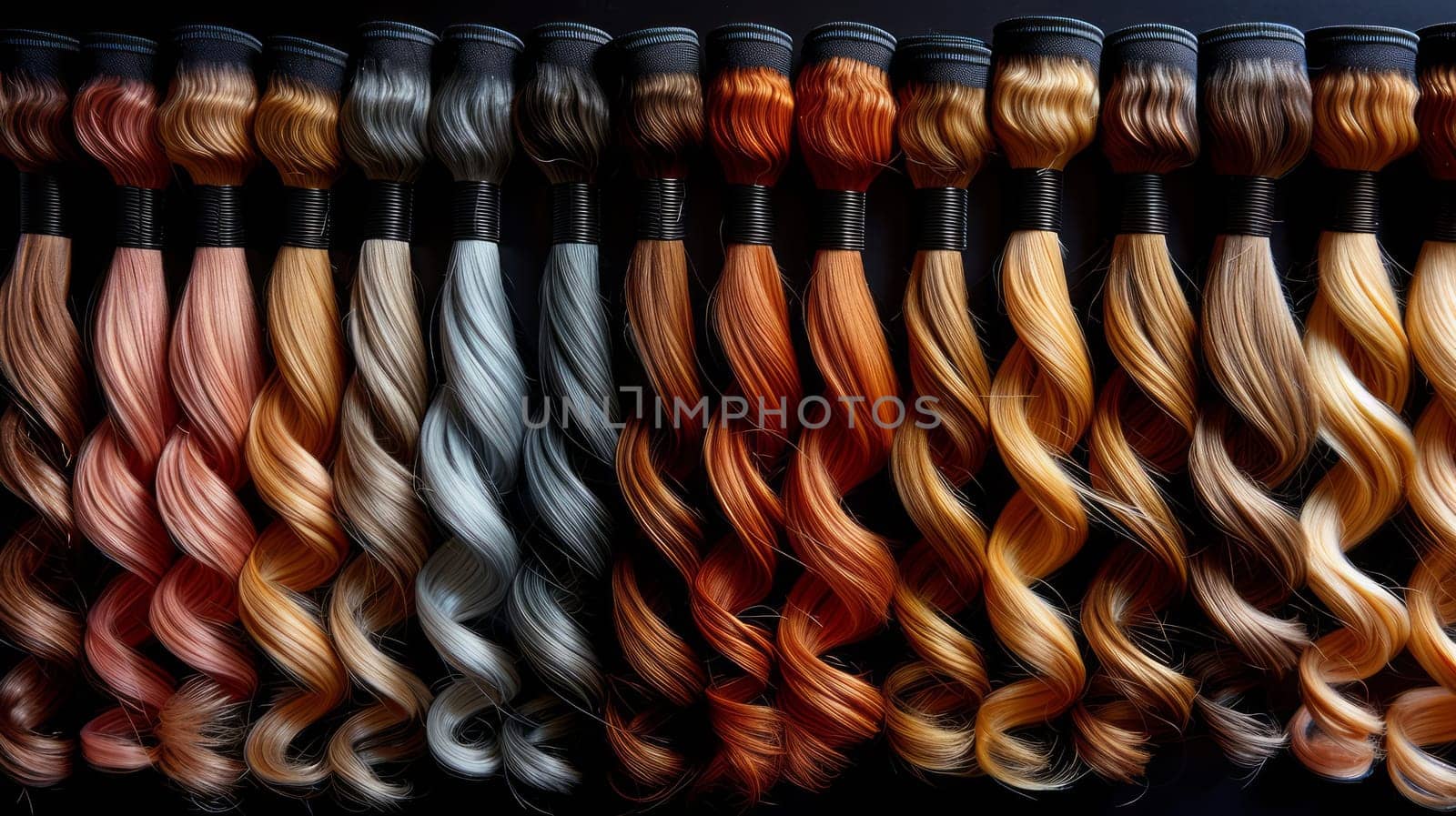 assortment of hair for the extension procedure. types of materials, color and quality for the presentation of the service in beauty salons or for stores