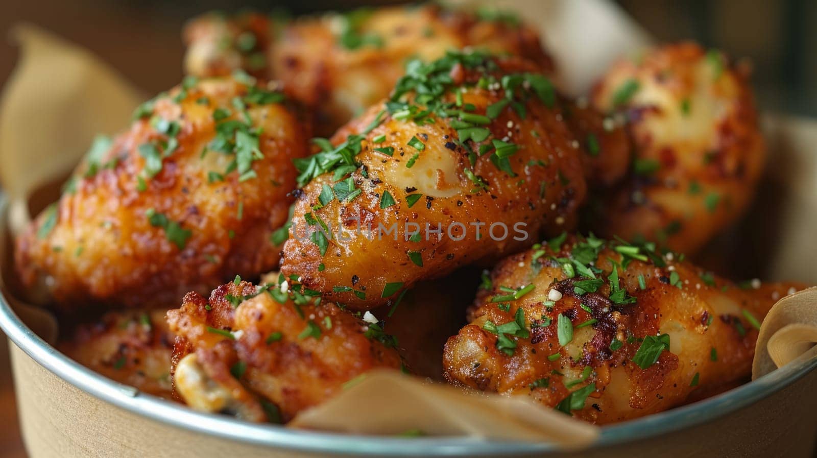The chicken is generously sprinkled with herbs. Cardboard container lined with brown paper.
