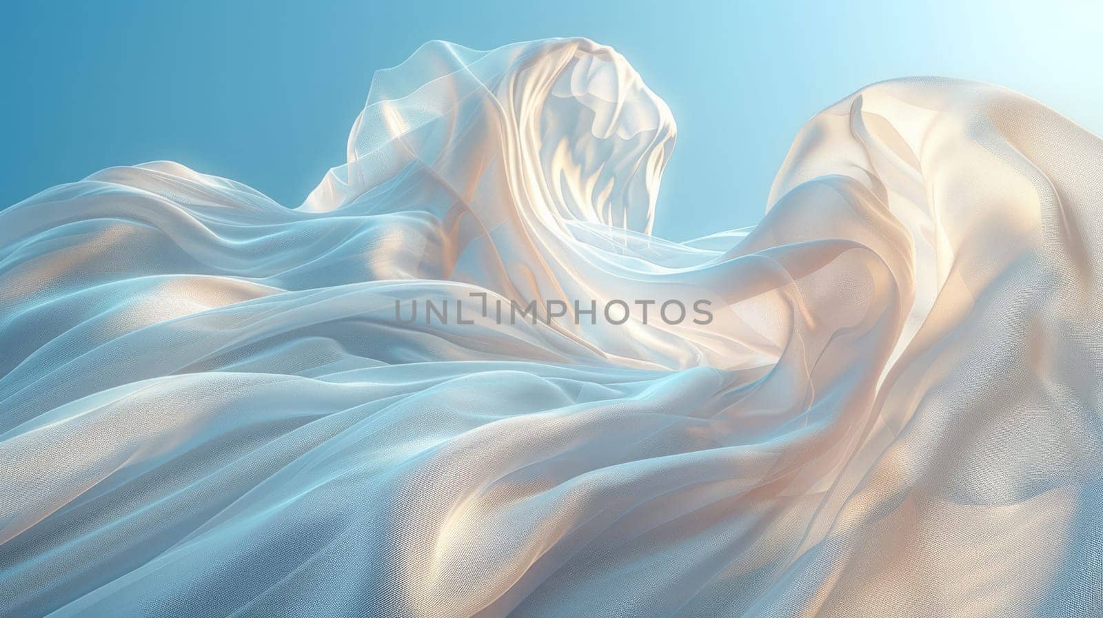A light white airy fabric flutters in the wind against a blue background sky.background.