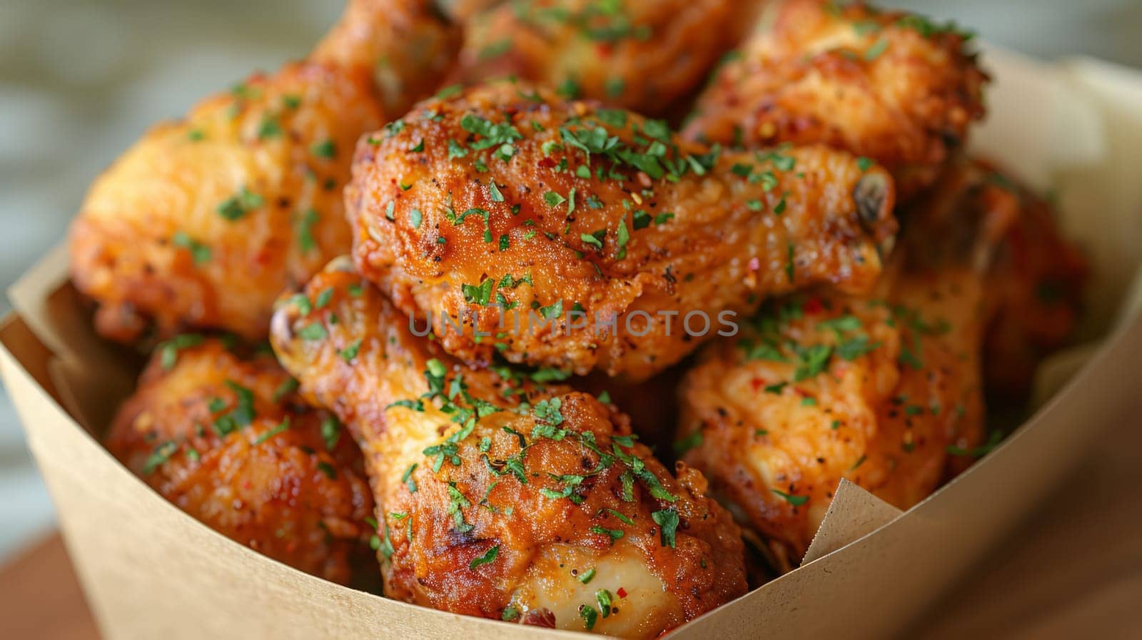 A cardboard box filled with crispy pieces of golden-brown fried chicken. The chicken is sprinkled with herbs. Cardboard Container