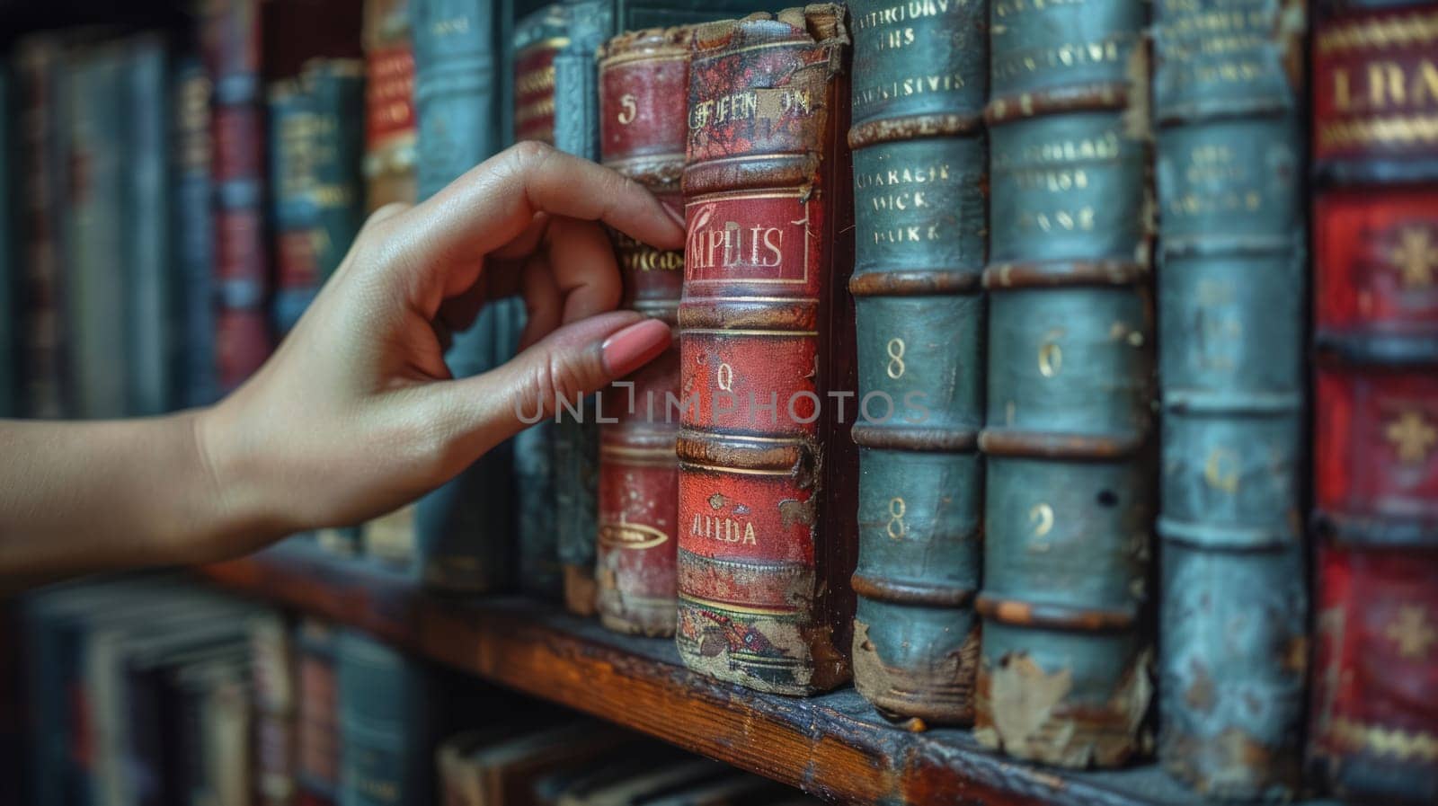 A woman's hand reaches for a book to the shelf of an old library with tattered old books