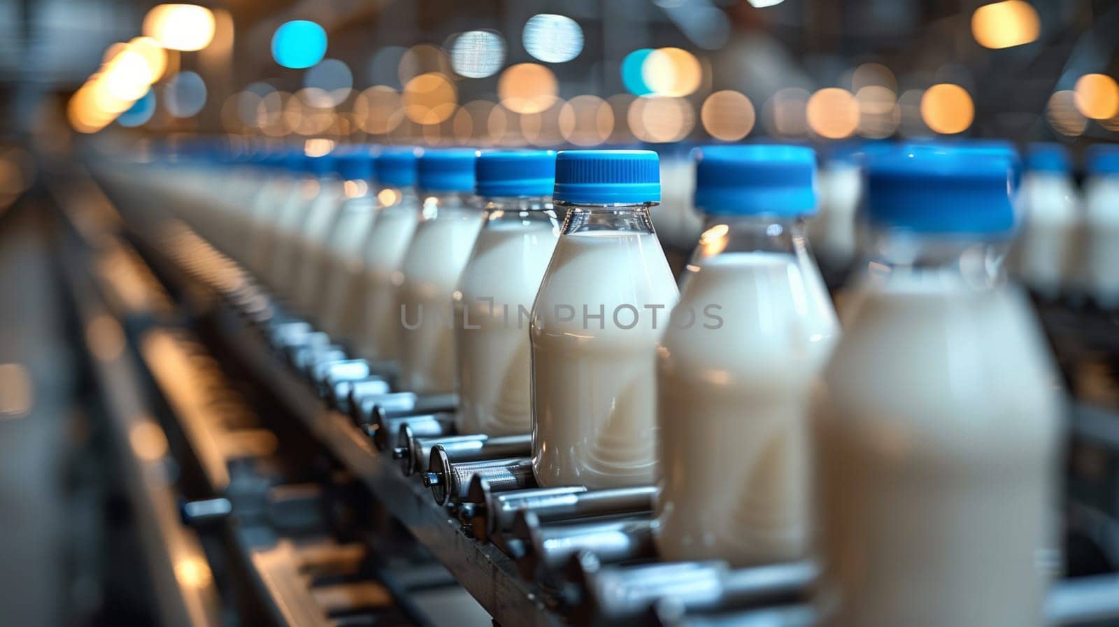 Milk Filling Machine, Industrial Equipment of Dairy Plant.Milk bottles with blue caps on the conveyor of the plant.