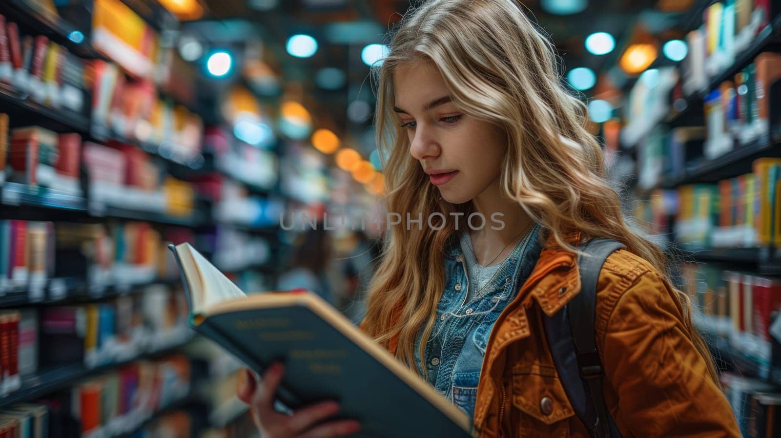 A young woman in the library looks at a book among the bookshelves.