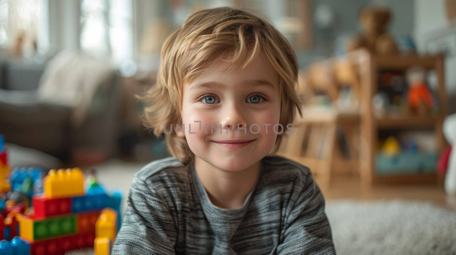 Playful smiling child sitting on floor on blurred background of toy room