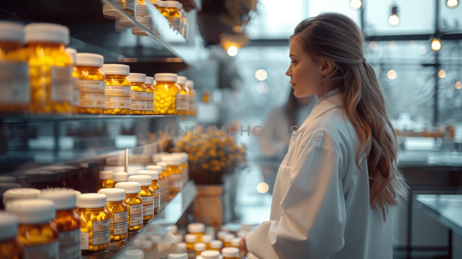 Vials with medicine are on glass shelves in the showcase. On the right is a female pharmacist in a white coat. The place of action is a pharmacy.