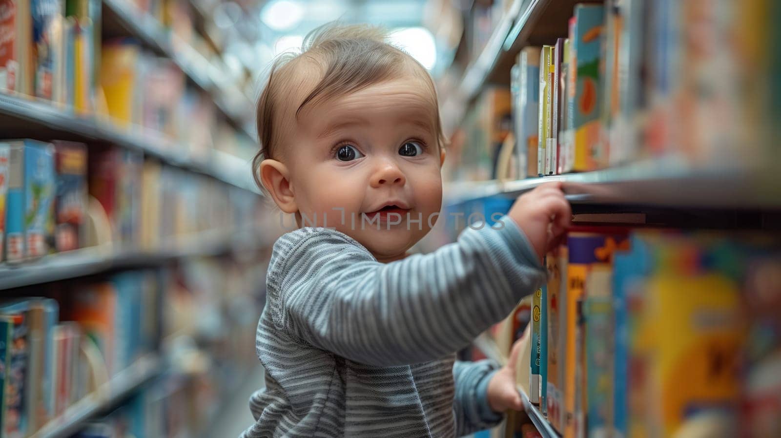 Baby near shelves with colorful books in a bookstore