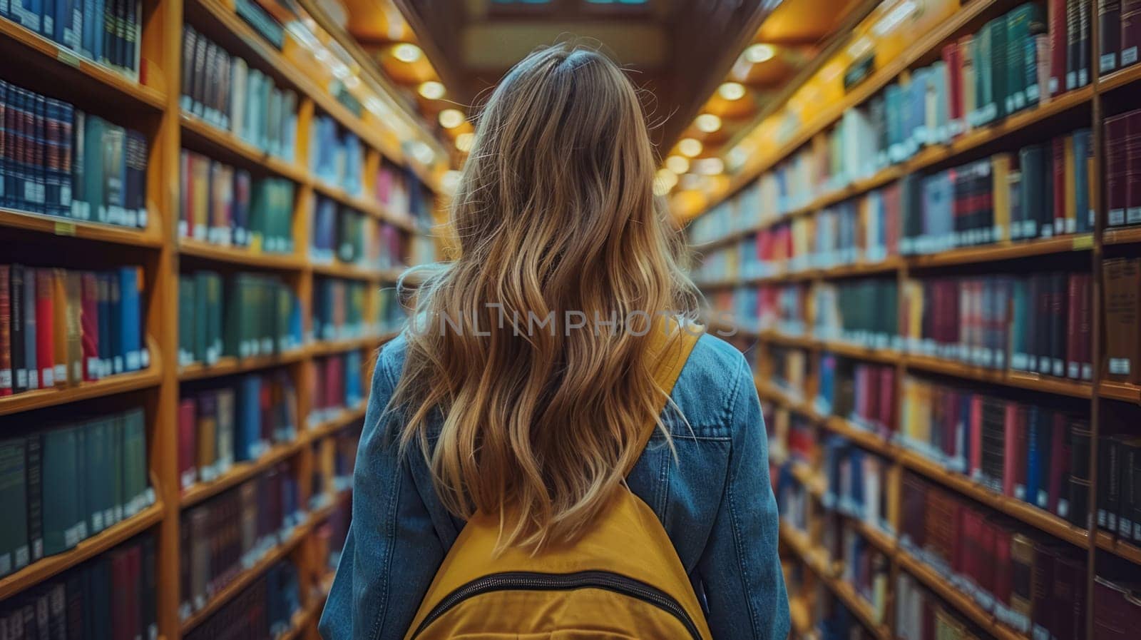 Student with backpack walking in library among bookshelves back view