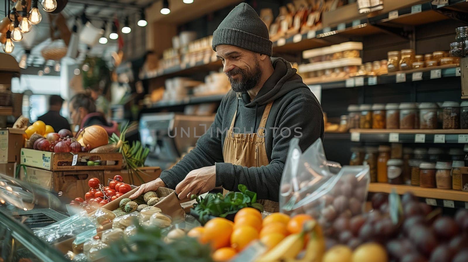 Cashier in a food market laying out goods on the counter, the concept of organic products