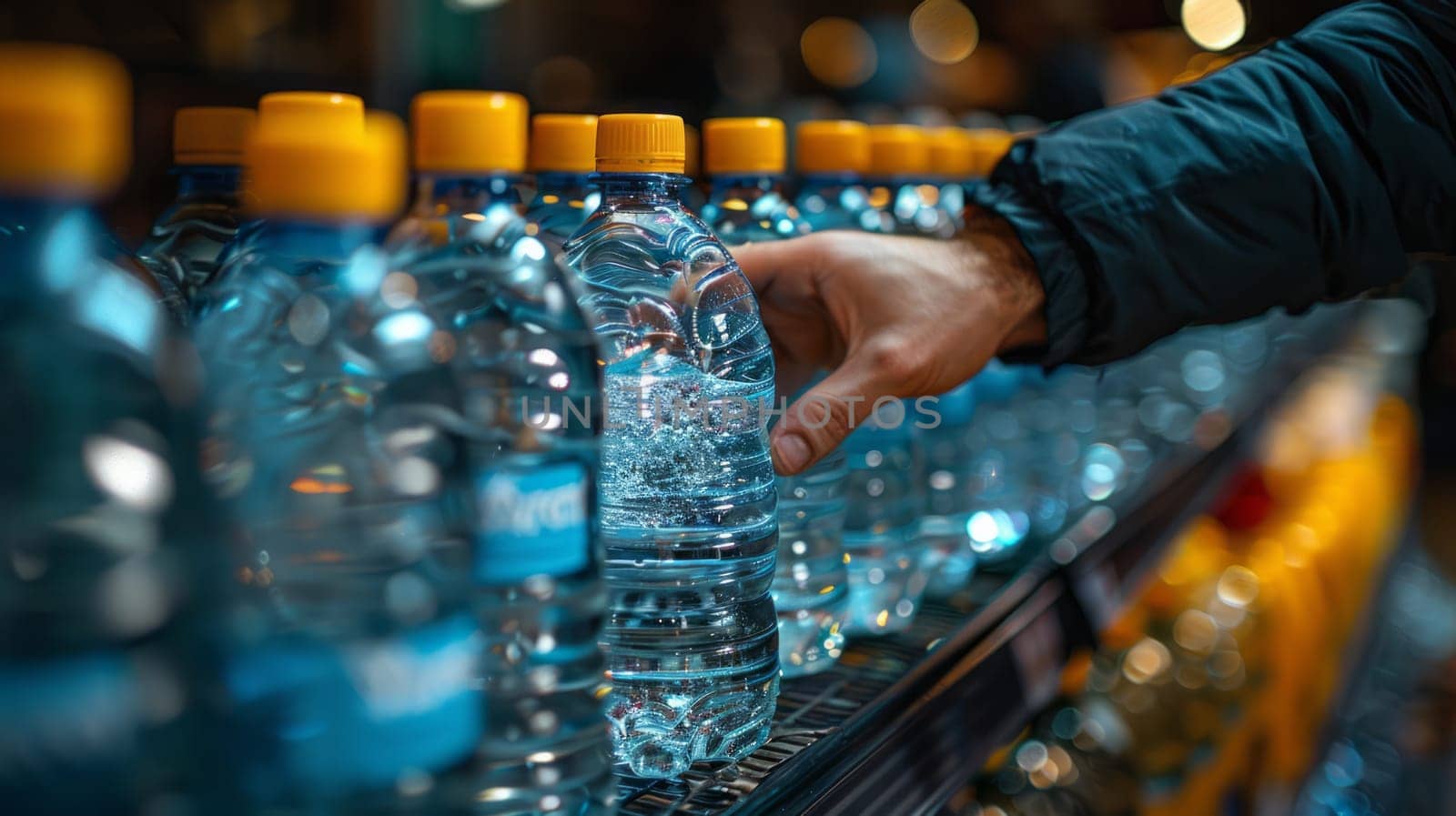 Male Hand Picking Up Drinking Water Bottle From Drinking Water Shelf In Store