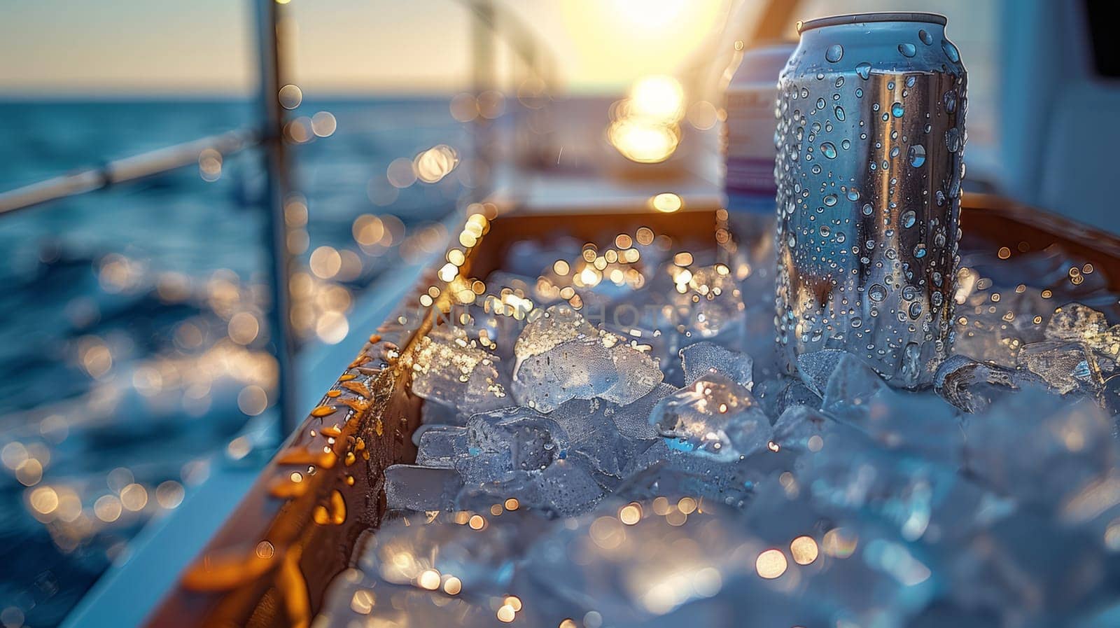 white aluminum cans in a container filled with ice, with drinks inside, without labels, on the deck of a yacht with the sea in the background