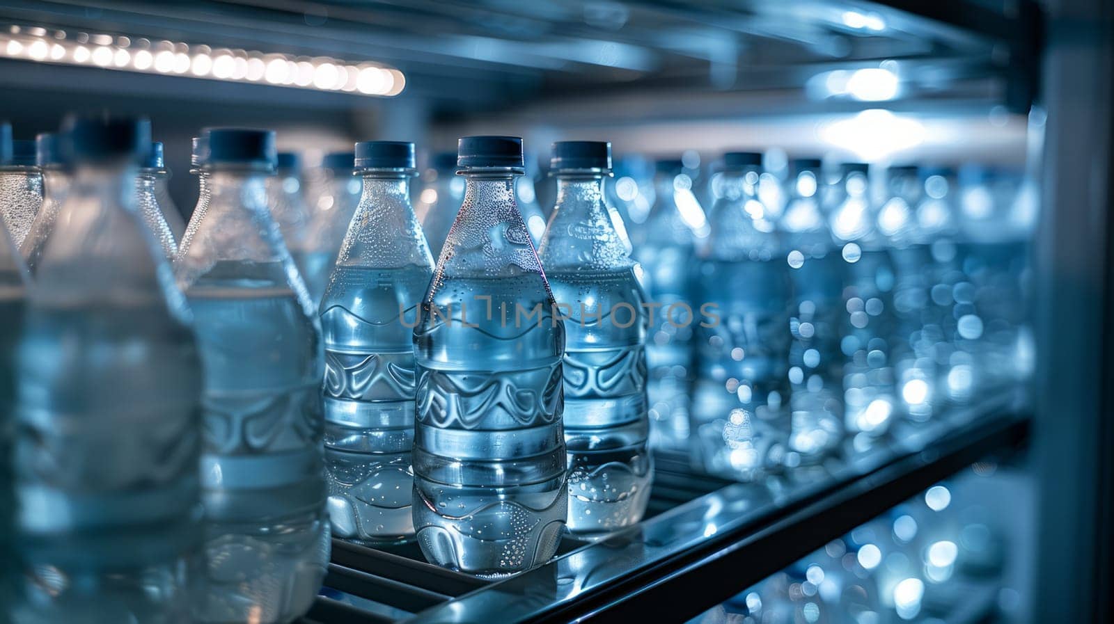 open refrigerator shelves fully filled with unlabeled water bottles