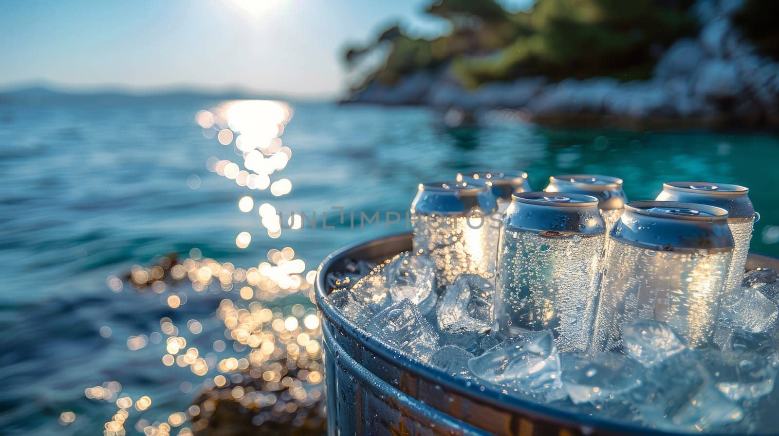 Metal barrel filled with ice, with white cans of drink inside, without labels, against the background of the sea