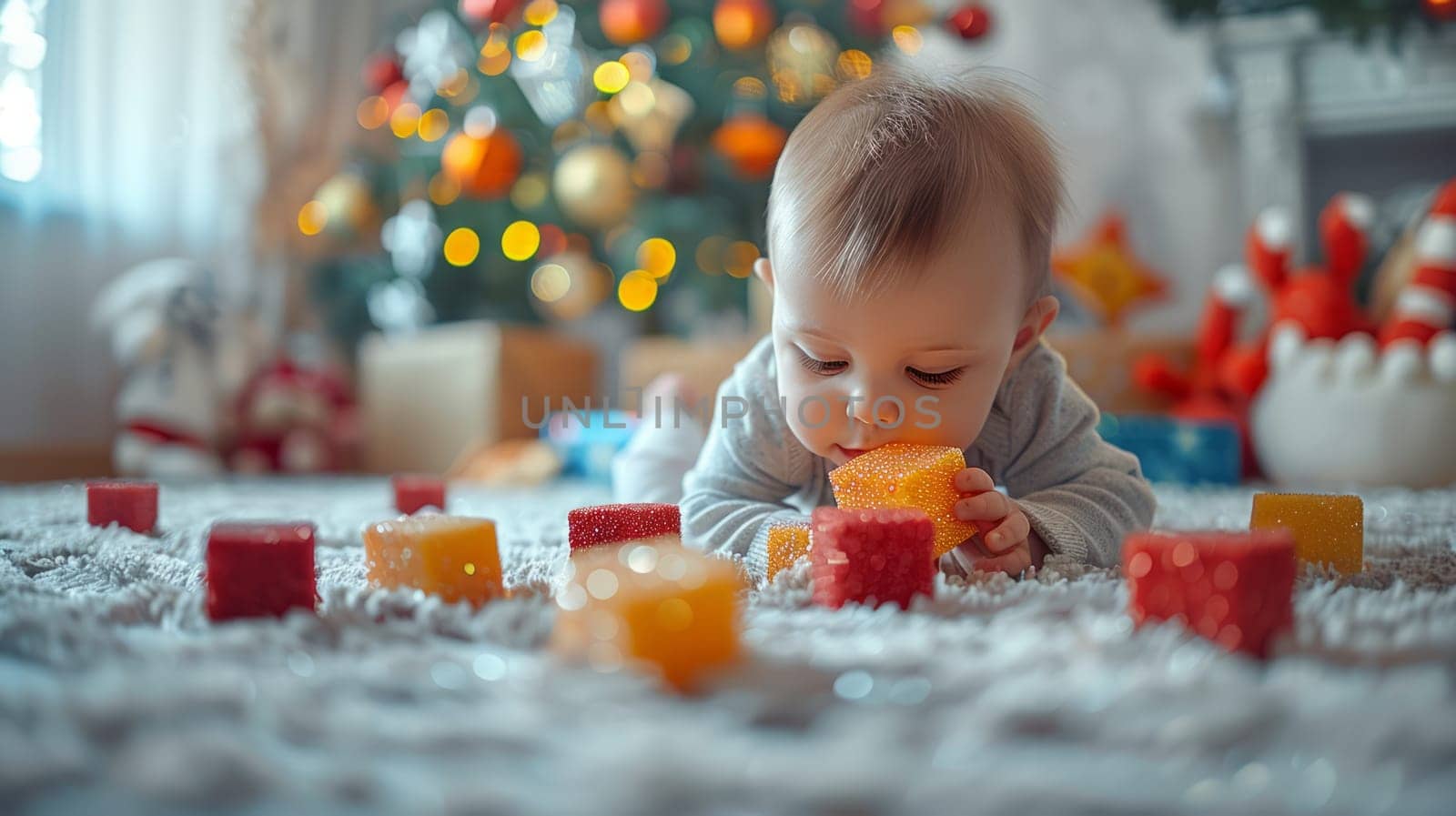 Child playing with bright blocks on light floor in spacious spacious bright room with Christmas tree