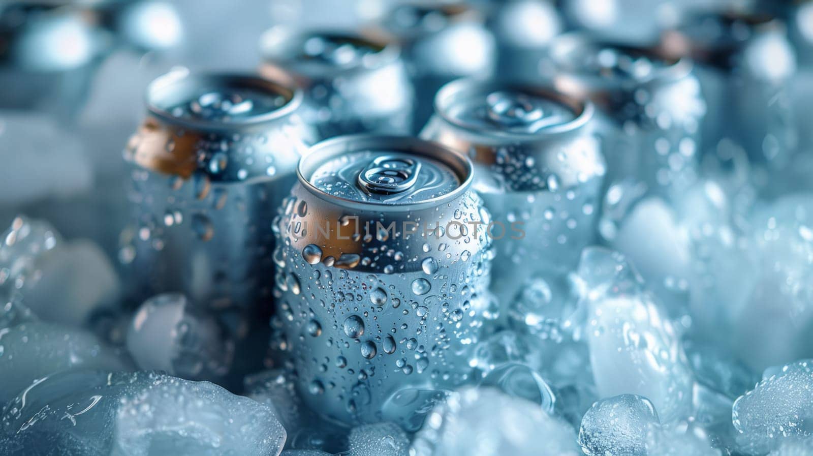 Close-up of white cans of drink surrounded by ice, without inscriptions, top side view