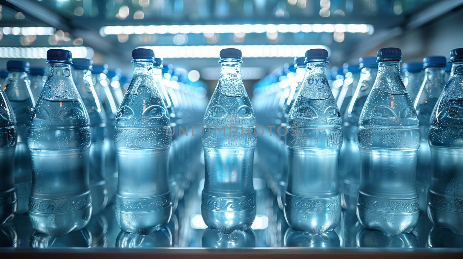 Frontal shot of open refrigerator shelves fully filled with unlabeled water bottles