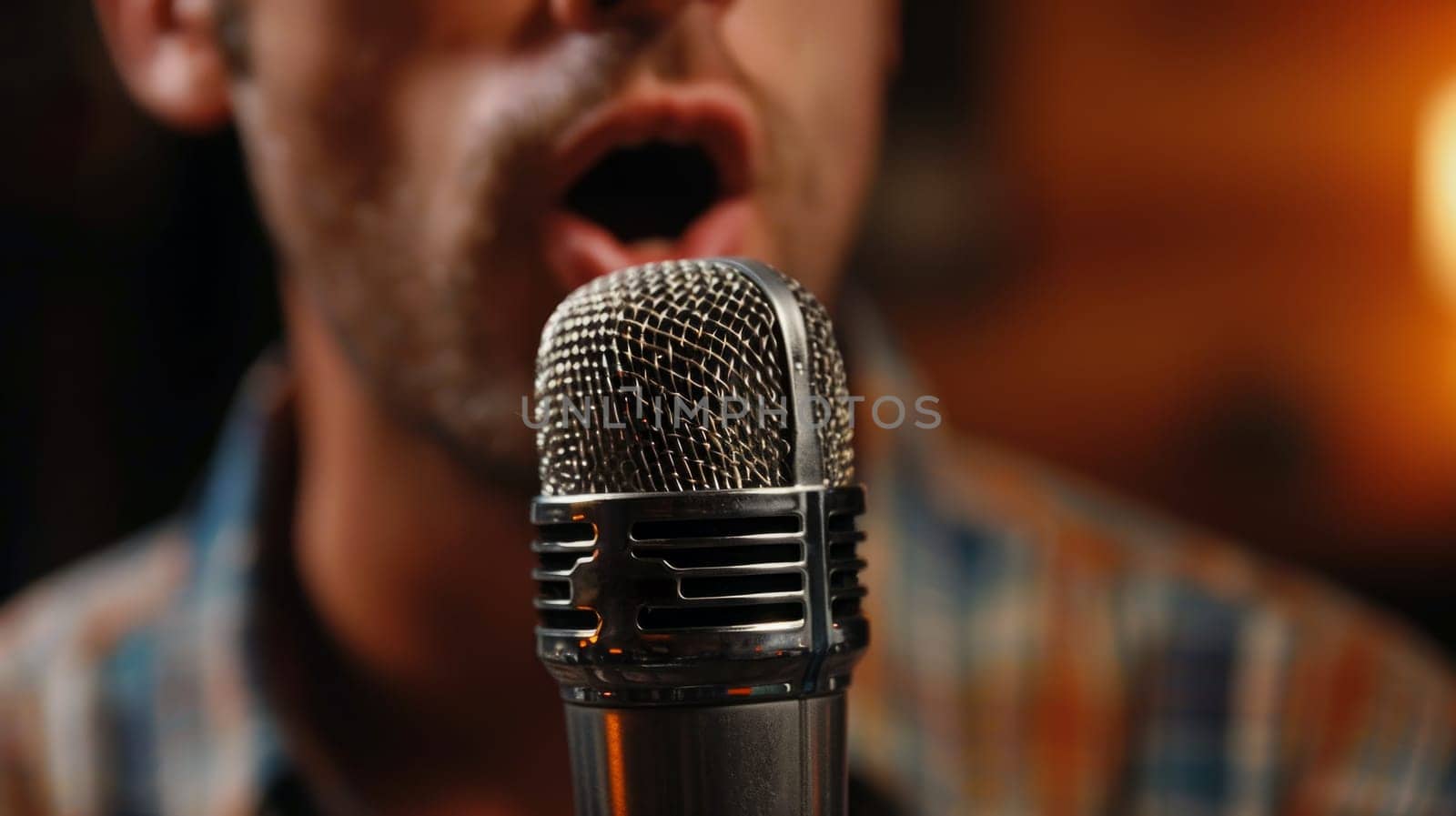 A man speaks or sings into a microphone.close-up of the face.The concept of speeches, lectures and rallies.