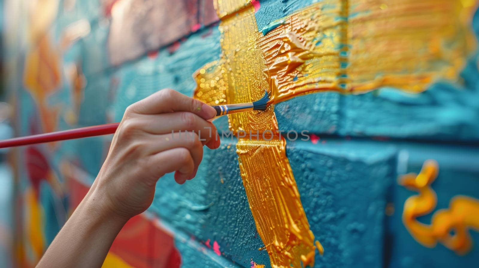 Close-up of hands brushing a fresco with golden lines on a brick wall