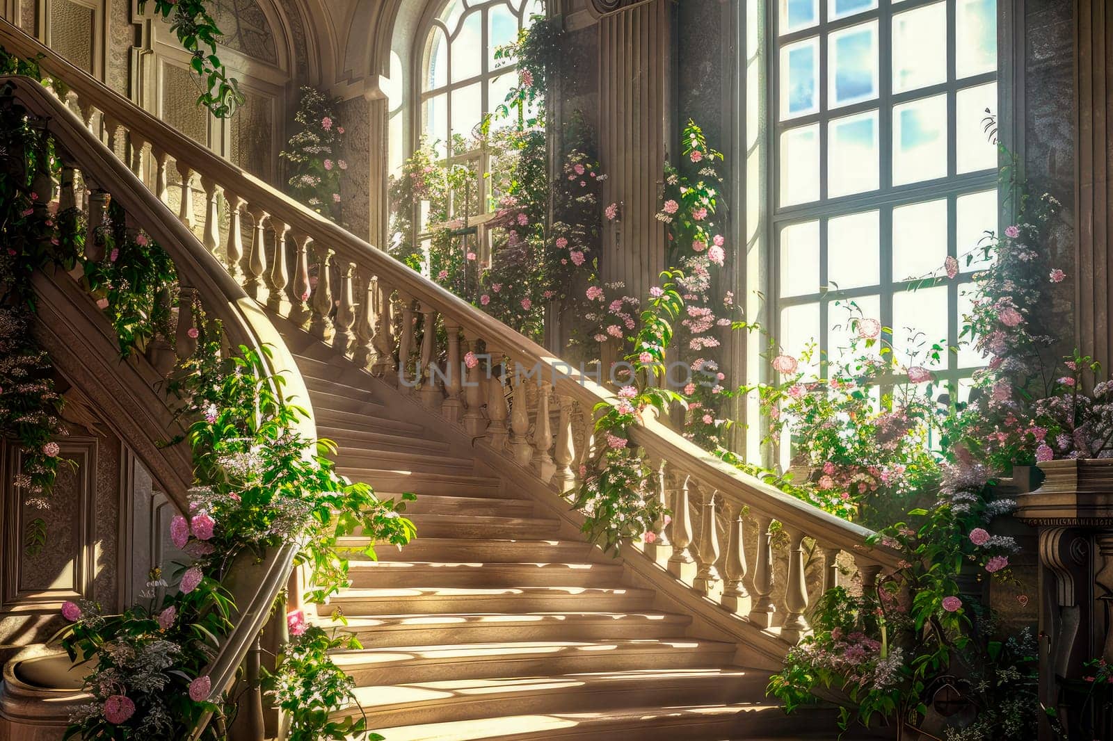 A staircase in a mansion with large windows and flowers on the walls, bathed in sunlight from outside. AI generated