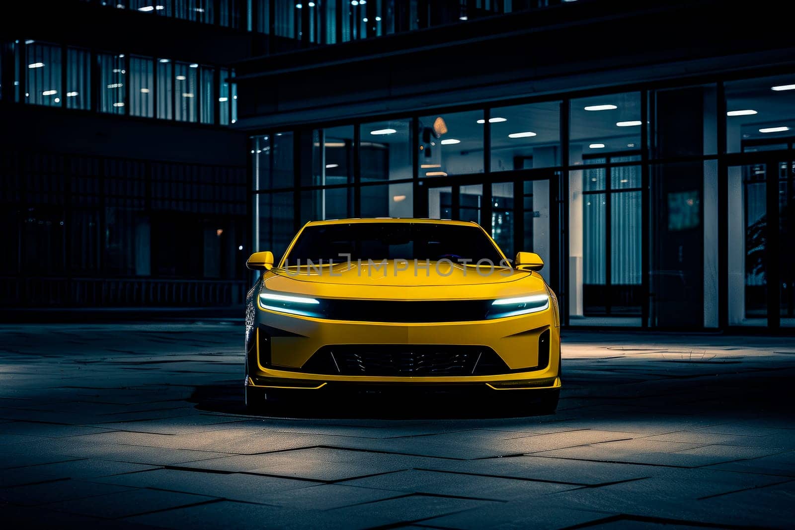 Front view of  yellow vehicle on the parking at night, futuristic transport concept. AI generated