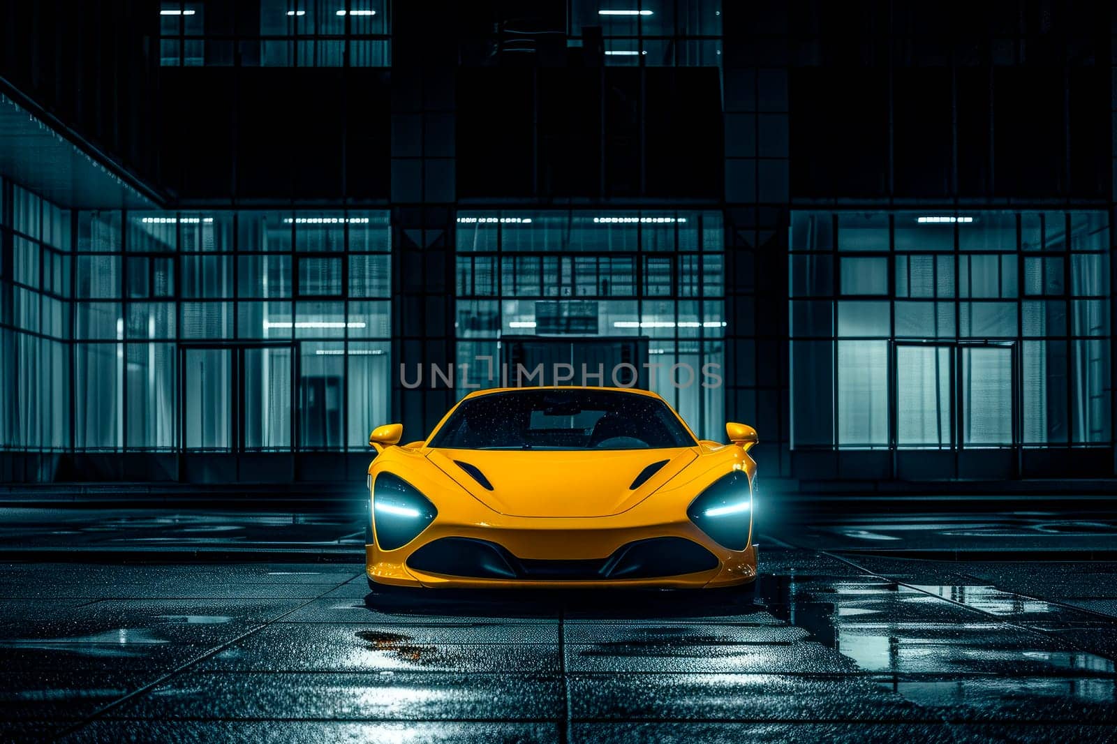 Sleek yellow vehicle on the parking at night, futuristic transport concept. AI generated