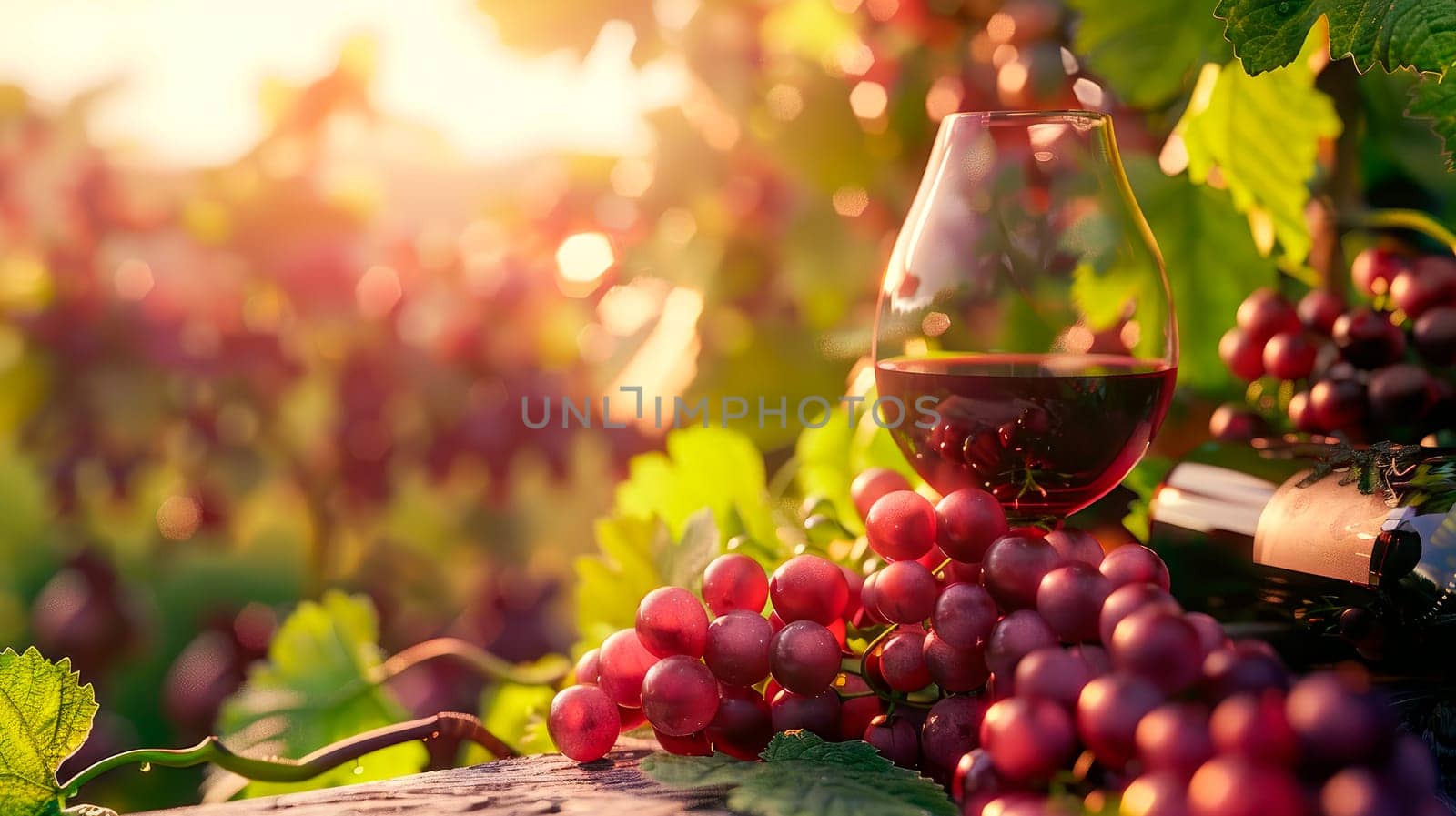 Glass and bottle of wine with grapes in a vineyard. AI generated