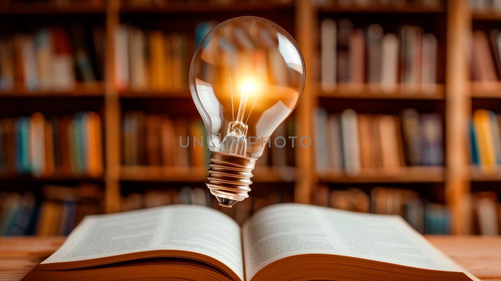 Thinking and creative concept. Light bulb on the open book at library. Concept idea of reading books, knowledge, and searching for new ideas. AI generated