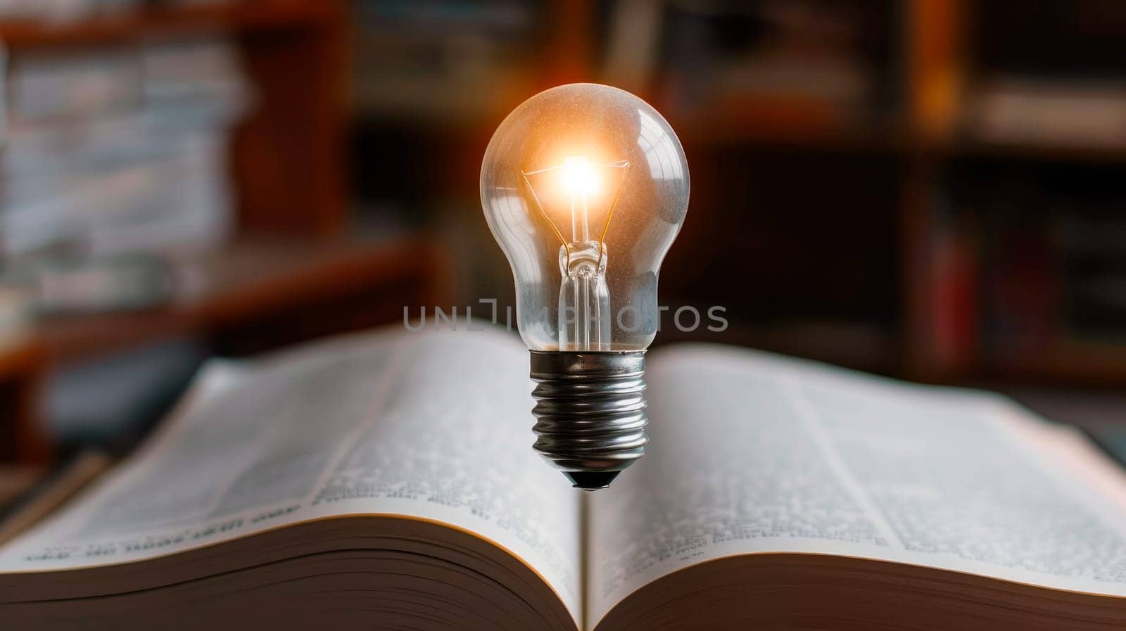 Thinking and creative concept. Light bulb on the open book at library. Concept idea of reading books, knowledge, and searching for new ideas. AI generated