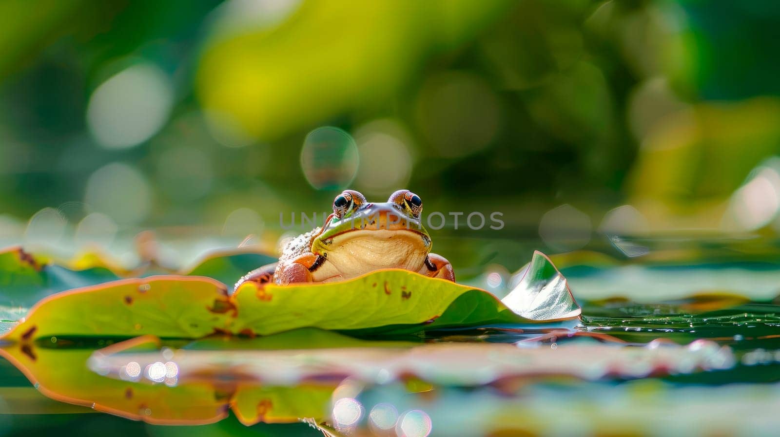 The frog basks in the sun sitting on a green lotus leaf in the summer pond. AI generated