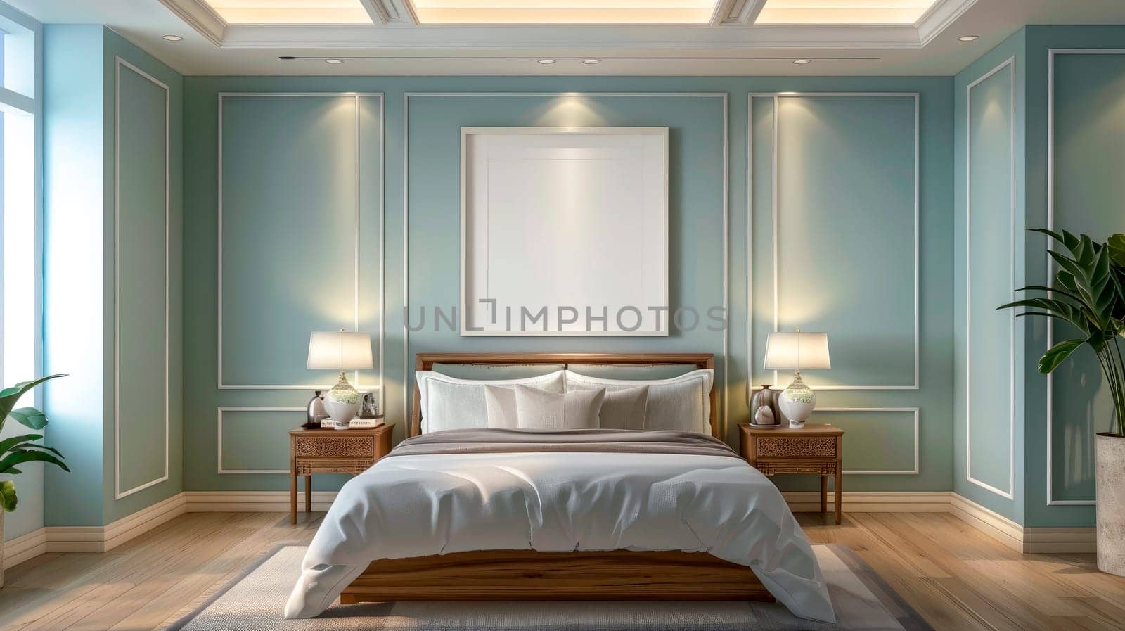 Stylish bedroom interior with large comfortable bed and blue walls. AI generated