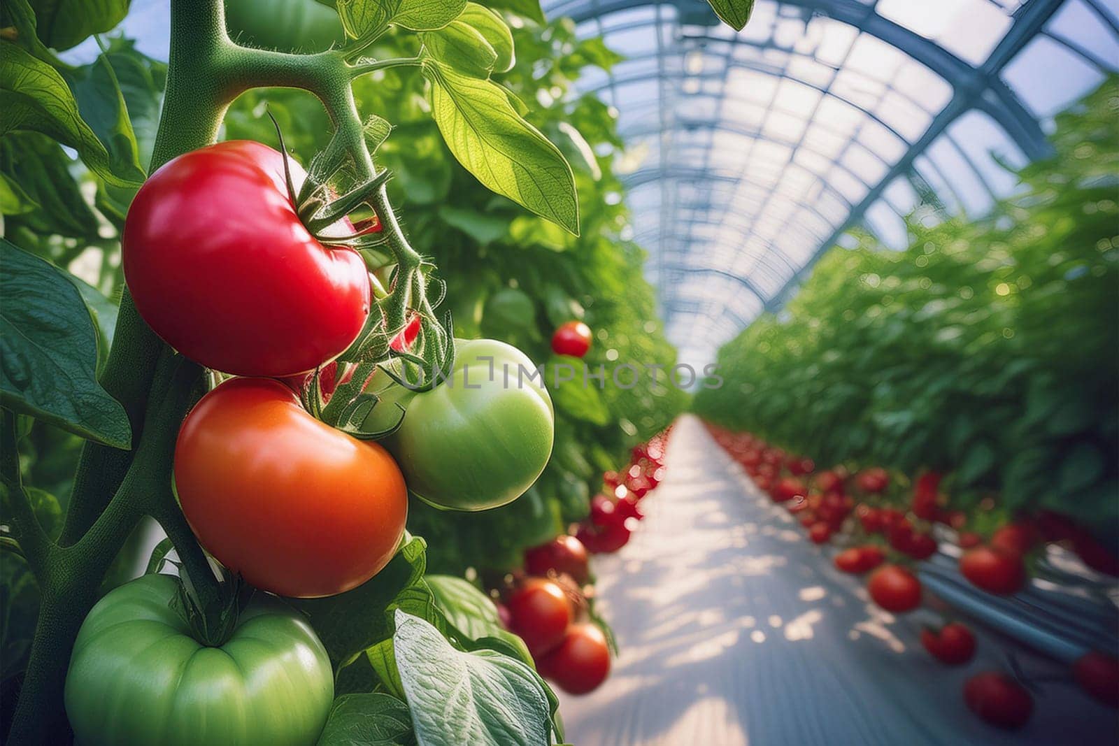 Tomato bushes with red and green tomatoes on a branch in a greenhouse. Growing and harvesting vegetables on the farm.
