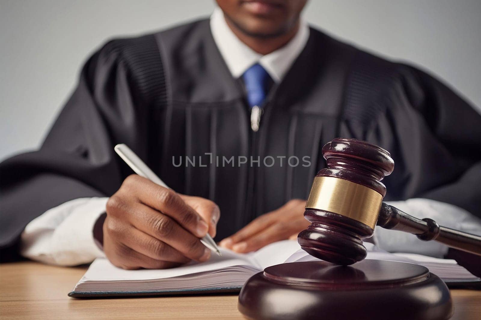 Male judge taking notes during the court session. There is a judge's gavel on the table.